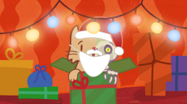 Illustration von KatzeQ als Weihnachtsfigur mit Mütze vor Geschenken und Deko.